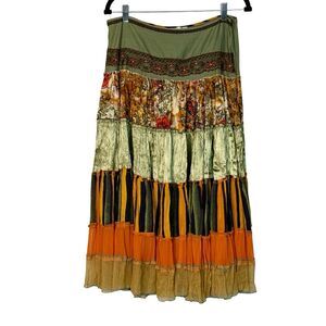 Alberto Makali Boho Patchwork Tiered Midi Skirt Floral Stripe Size 10